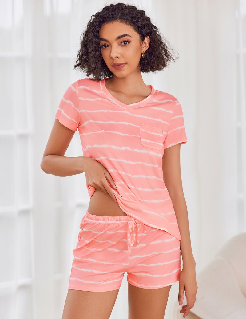 Conjunto pijama manga corta rosa con rayas tipo batik y short con cordón