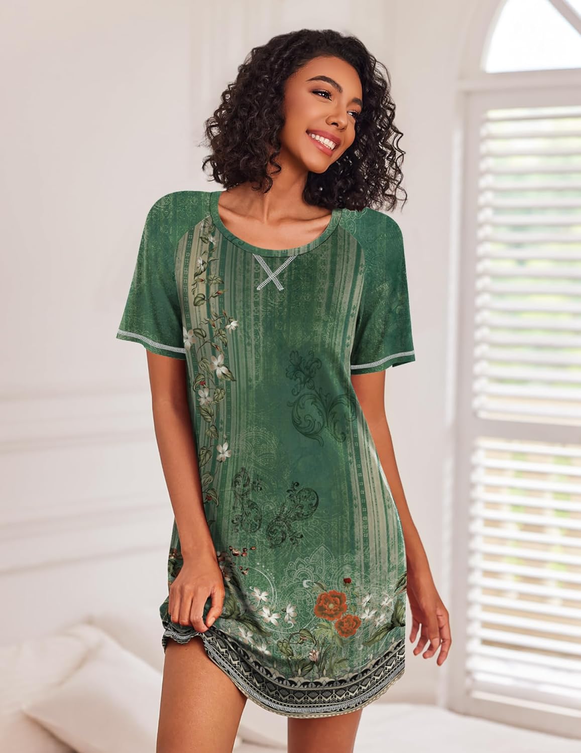 Green floral sleep shirt, short sleeves, crew neck with X stitch and contrast trim