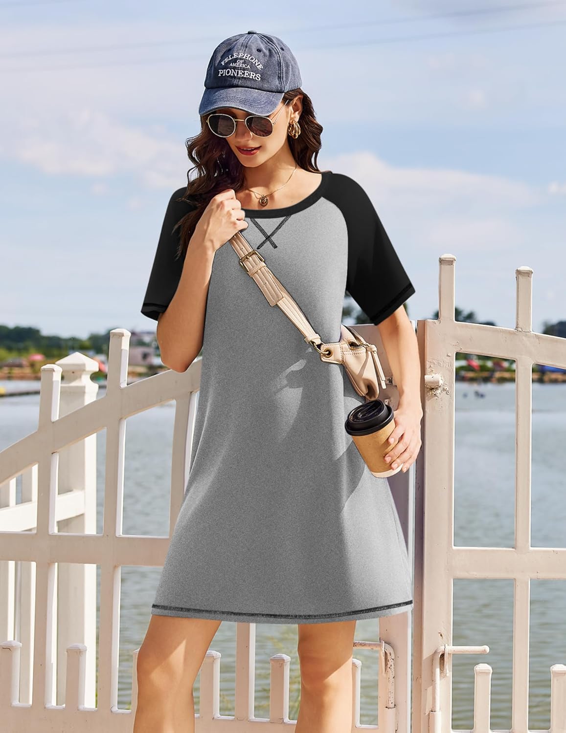 Heather gray raglan sleep shirt dress with black sleeves, crew neck, X stitch