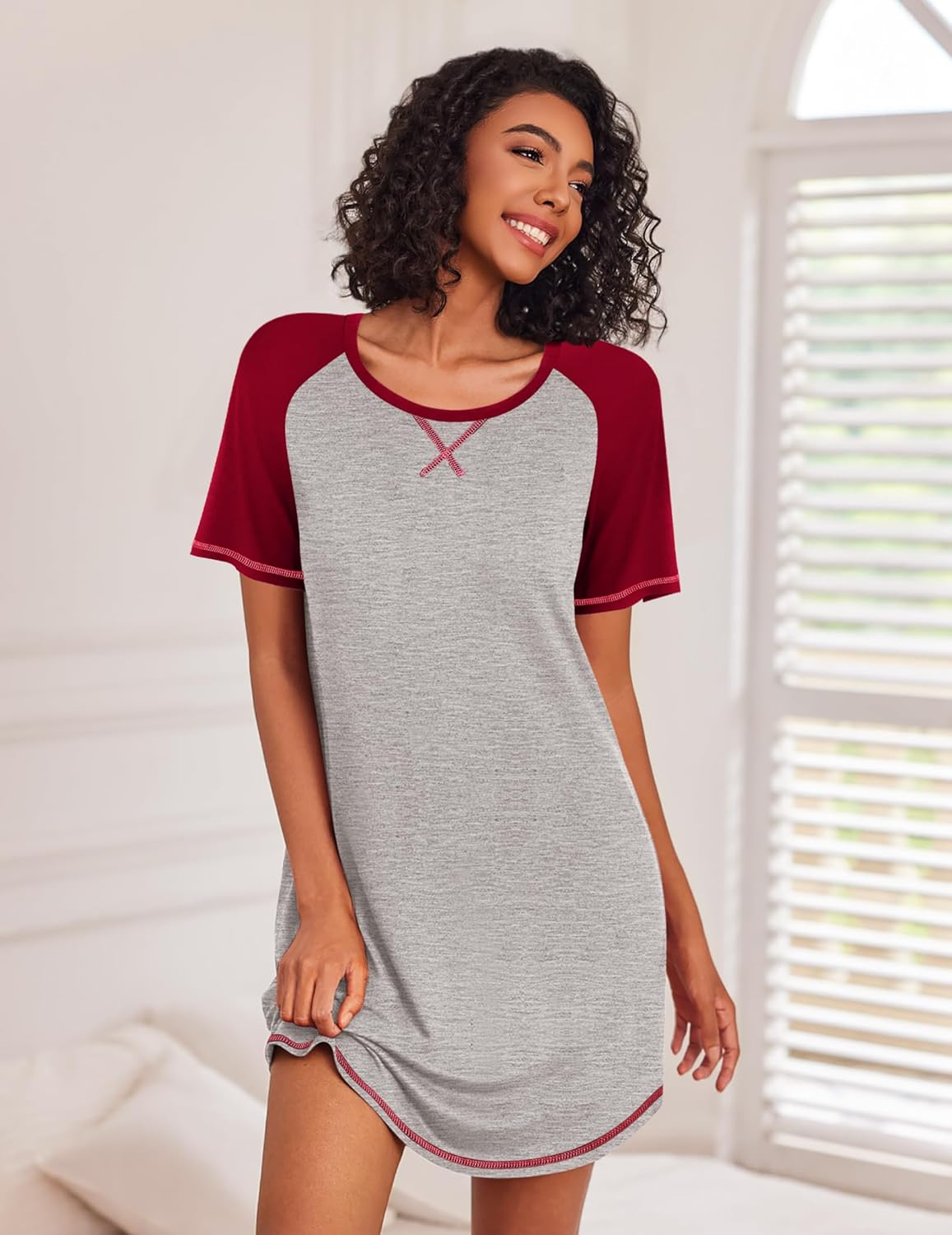 Heather gray and burgundy raglan sleep shirt dress, crew neck, short sleeves, X stitch