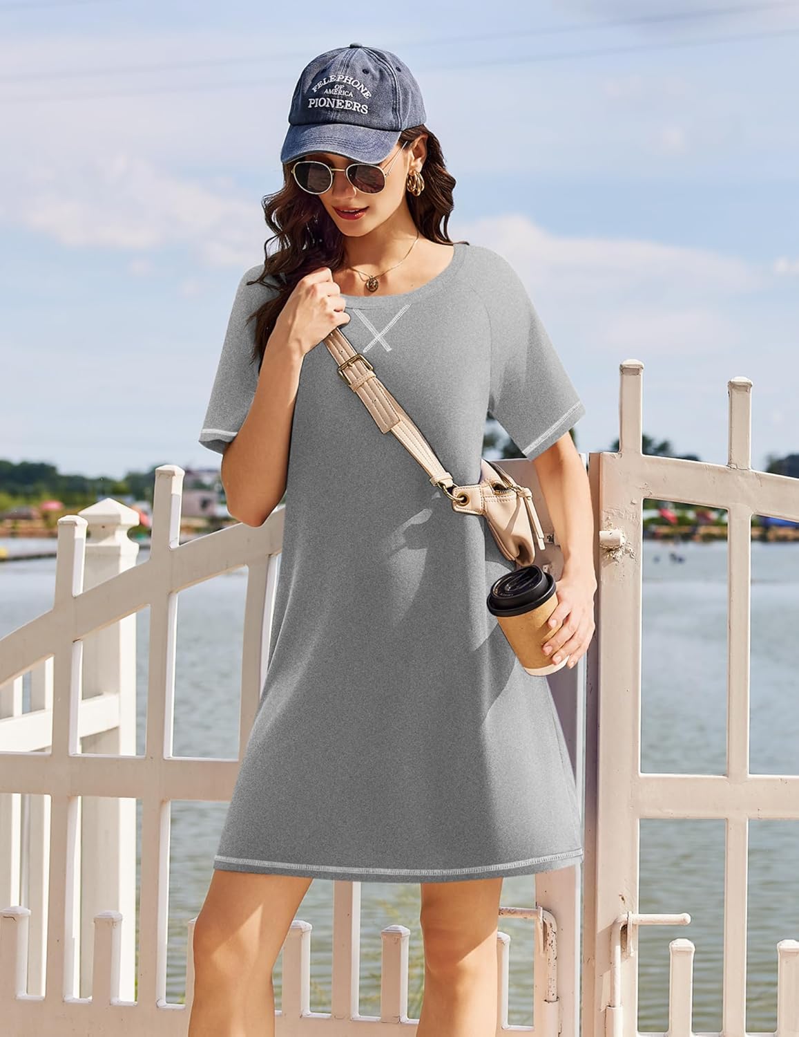 Grey short nightshirt with X neckline detail and contrast trim