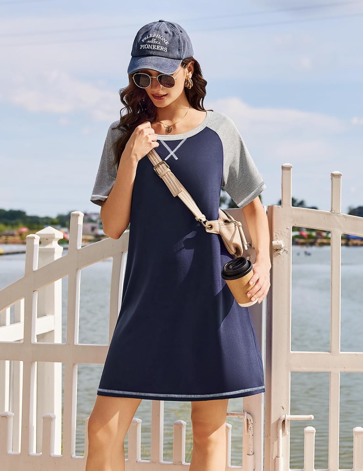 Navy sleep shirt with grey raglan sleeves, X-neck detail, contrast hem