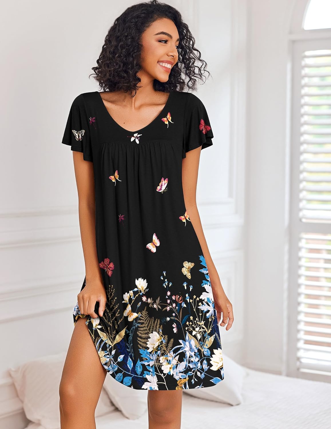 Black butterfly print night dress, V-neck, gathered pleats, short flutter sleeves