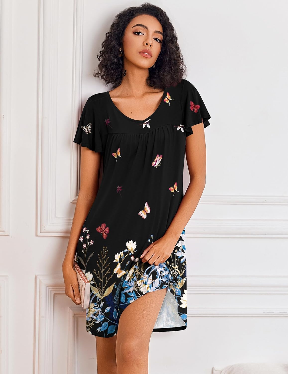 Black floral butterfly sleep shirt night dress with short sleeves and pleated bodice