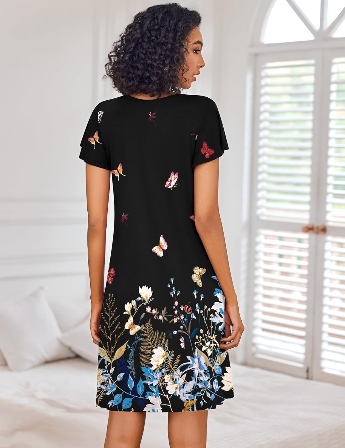 Black butterfly floral night dress with short sleeves, pleated back yoke view
