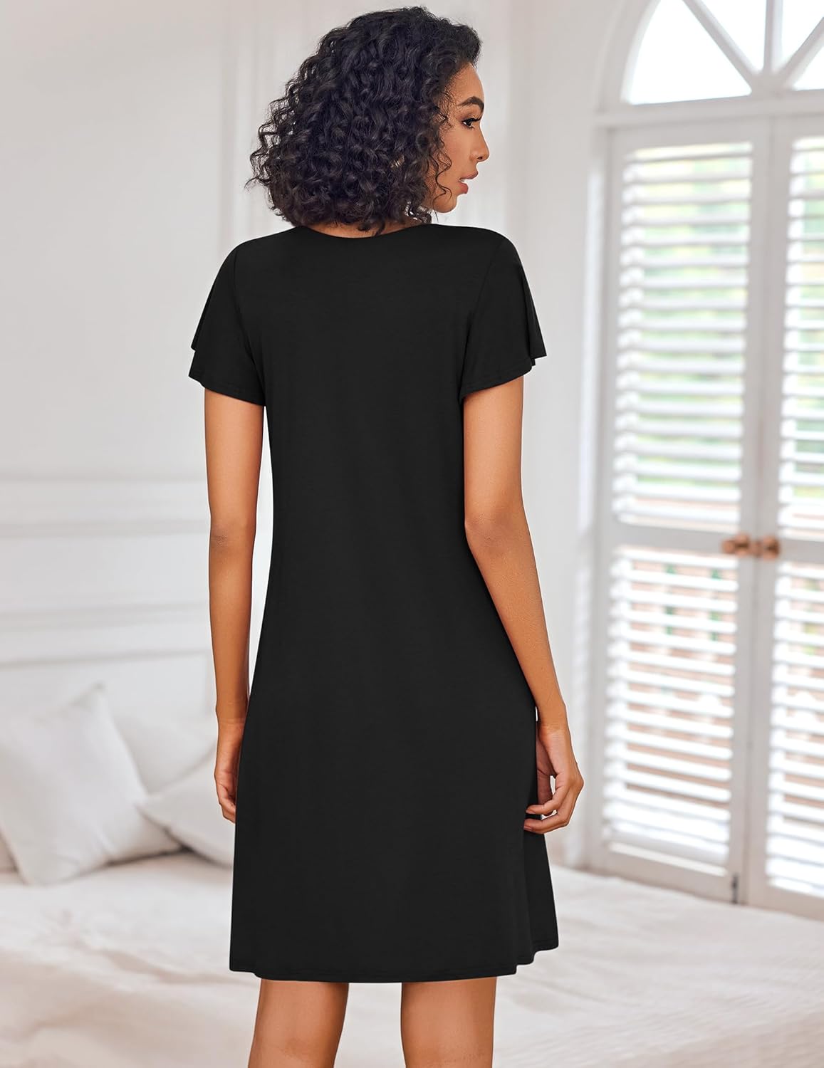 Black short-sleeve night dress, back view, straight midi length