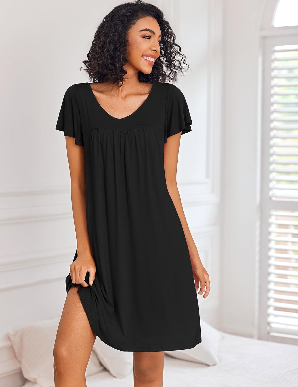 Black short-sleeve sleep shirt dress, V-neck with soft pleats at chest