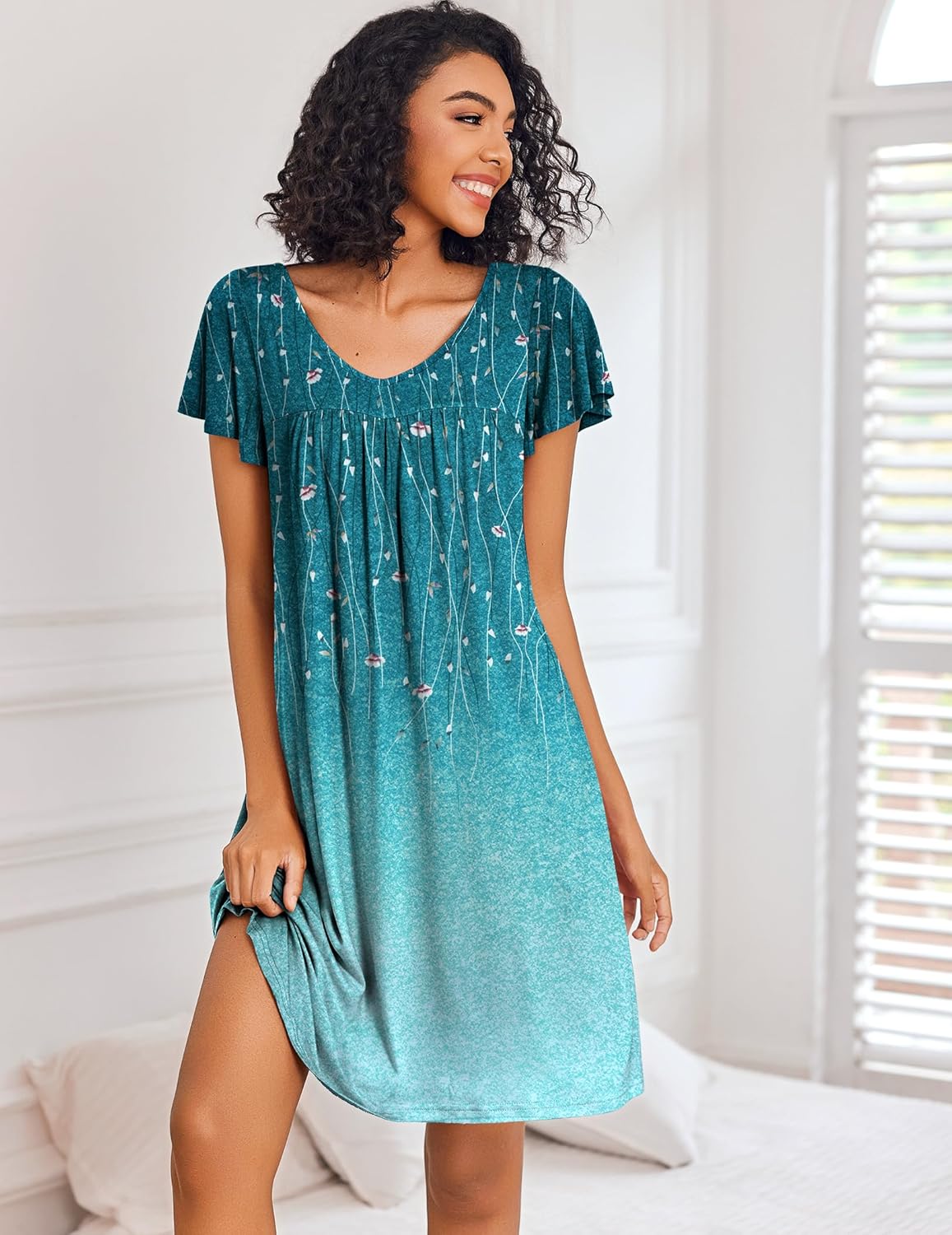 Teal floral sleep shirt dress with V-neck and gathered pleats, relaxed short sleeves