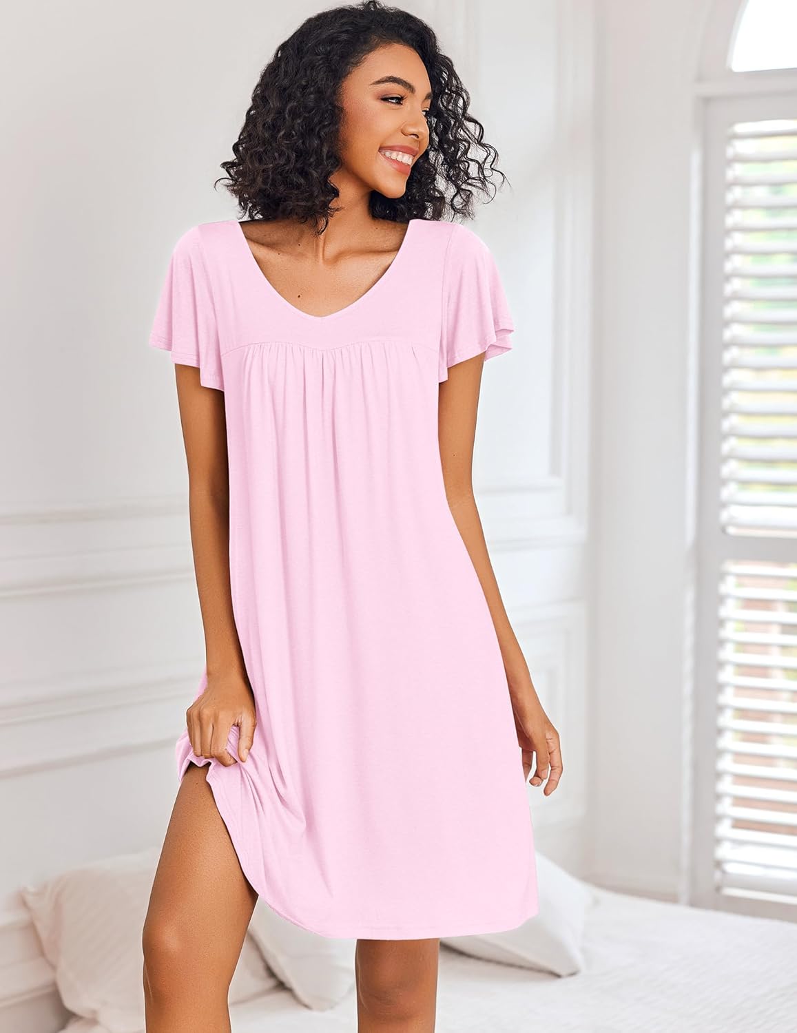 Pink short-sleeve sleep shirt night dress with V-neck and pleated front