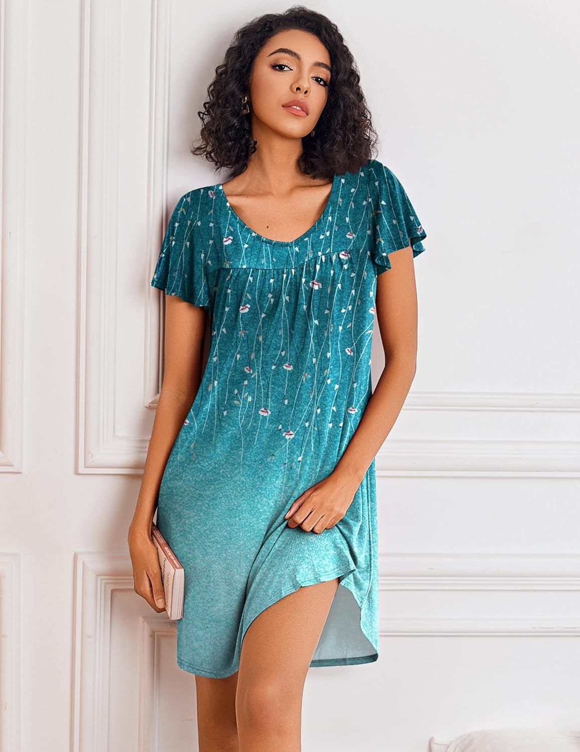 Floral short-sleeve sleep shirt night dress, V-neck, pleated bodice, teal/blue