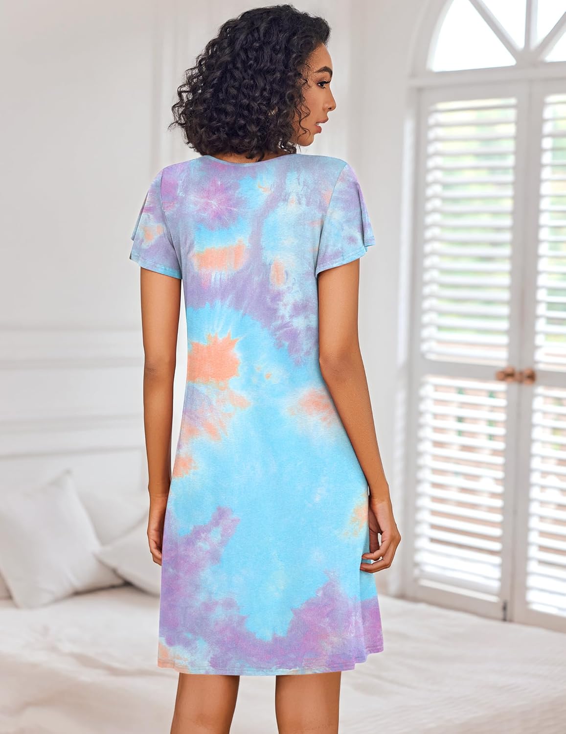 Blue tie-dye short-sleeve night dress, back view, straight midi length