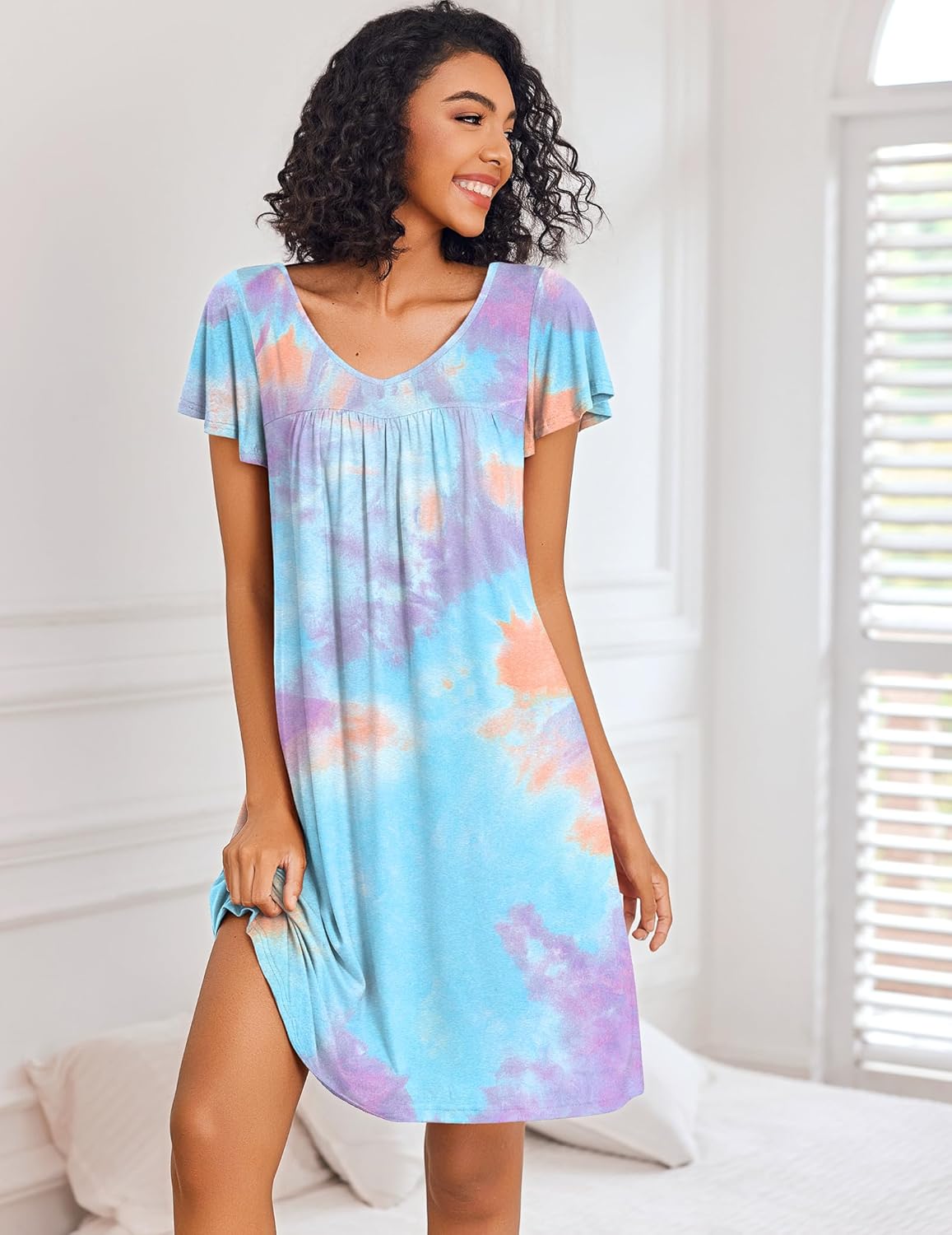 Blue tie-dye sleep shirt dress with short sleeves and gathered neckline