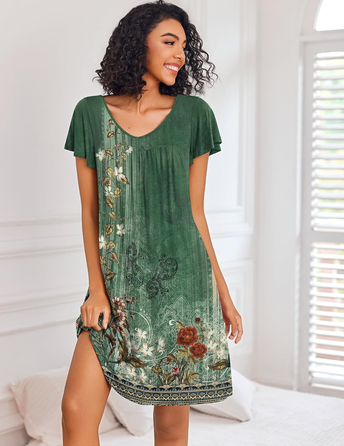 Pleated night dress, short-sleeve, green floral print with gathered neckline