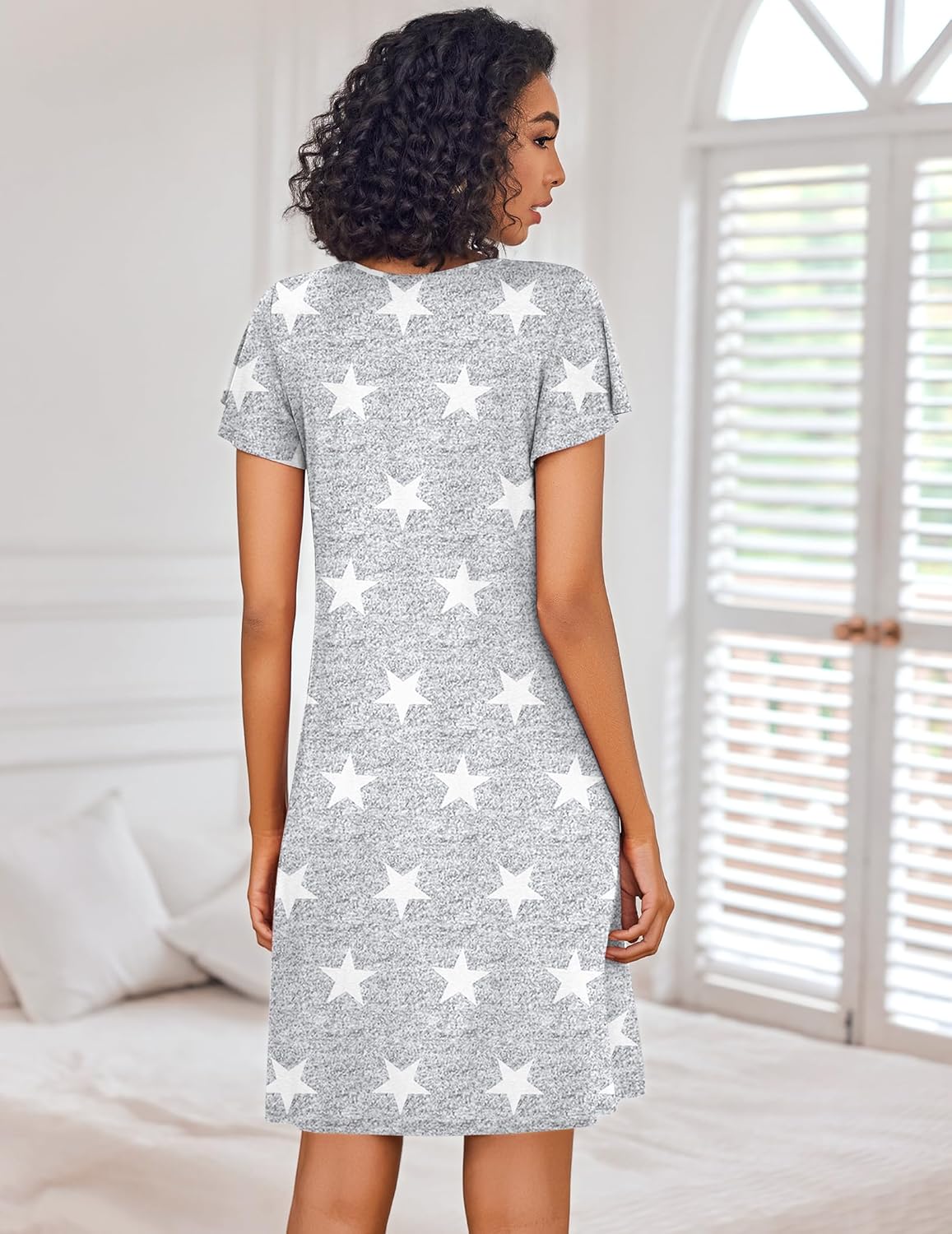Pleated night dress short-sleeve, heather gray star print, back view
