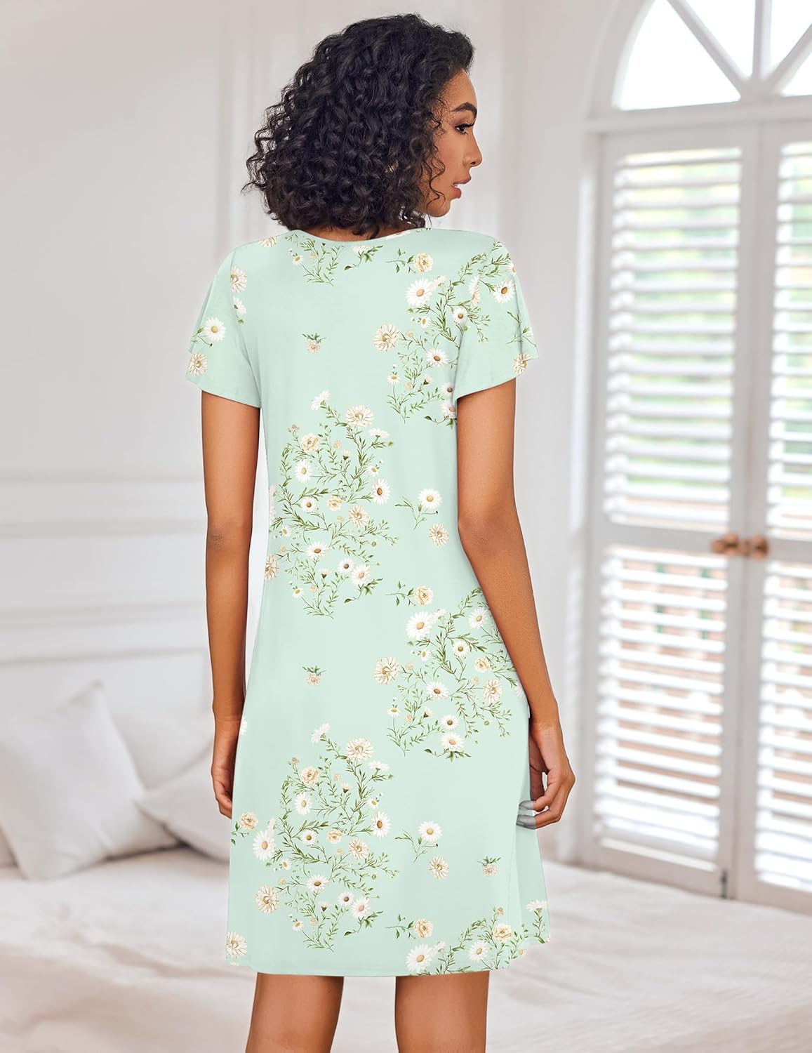 Light green floral short-sleeve night dress, back view, straight midi hem