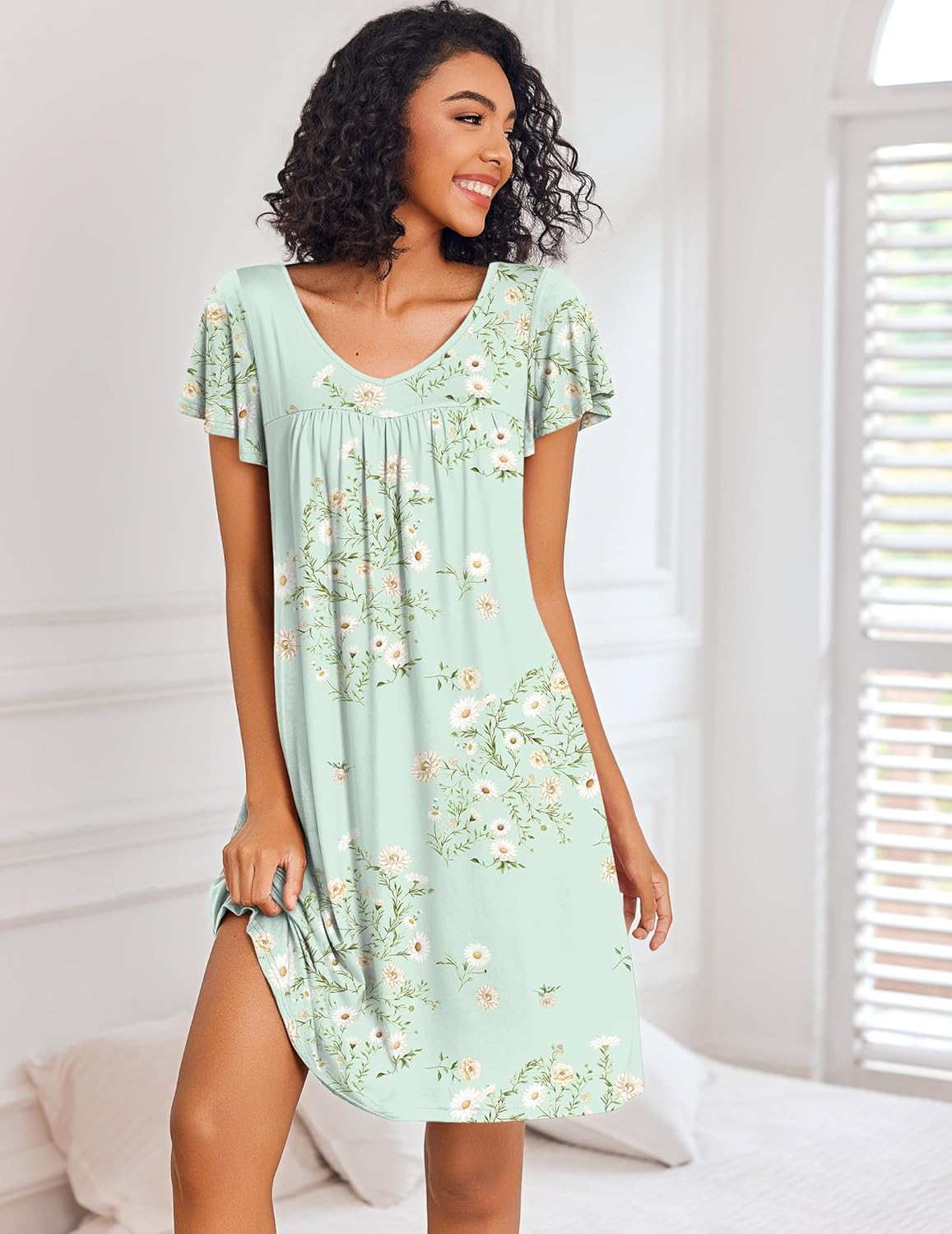 Light green floral night dress with short sleeves, gathered bodice, midi length