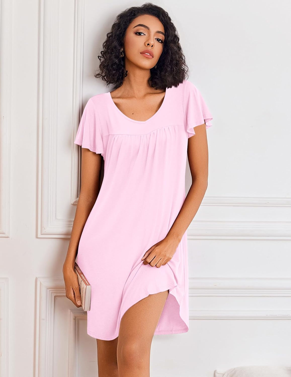 Blush pink night dress sleep shirt style, V-neck, short flutter sleeves, curved hem