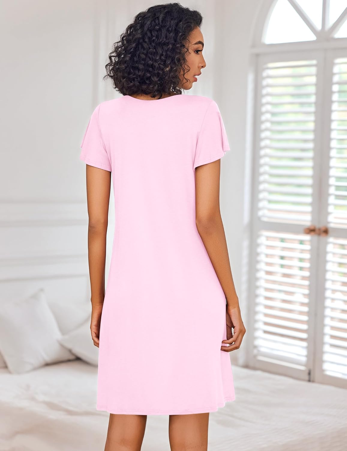 Blush pink short-sleeve sleep dress with V-neck, pleated yoke, back view