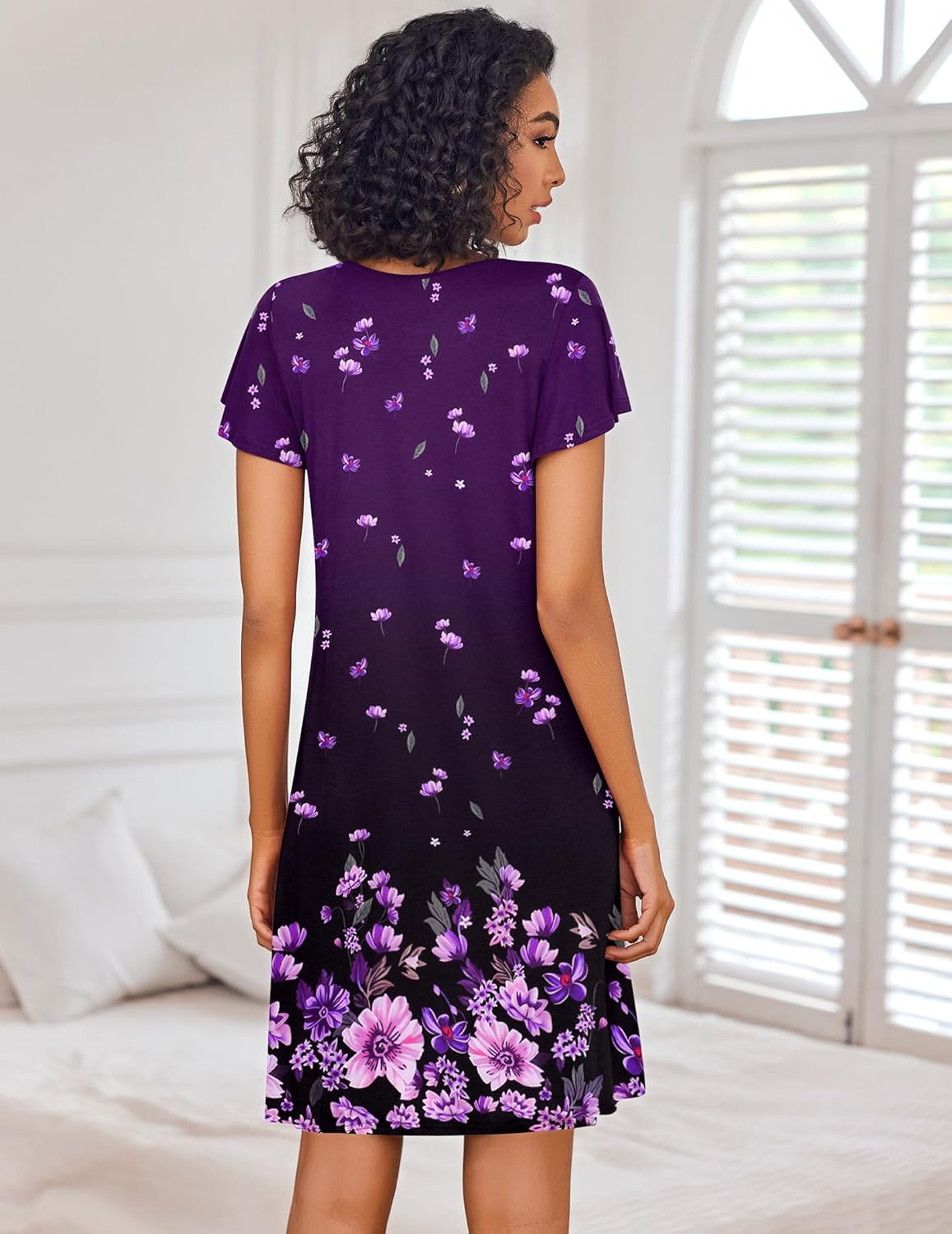 Purple floral short-sleeve night dress, pleated hem, v-neckline