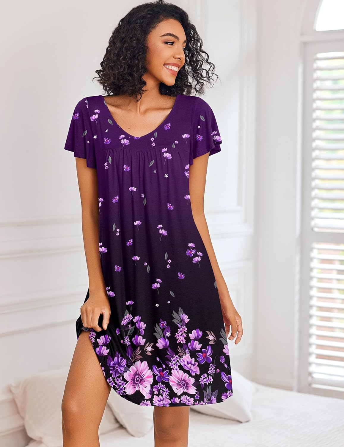 Pleated night dress short-sleeve, dark purple with purple flower print, front view
