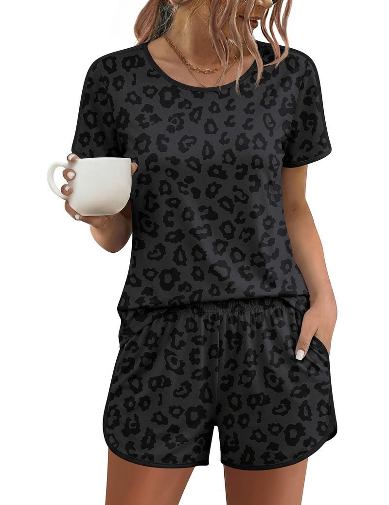 Dark gray leopard-print short-sleeve pajama set with drawstring waist matching shorts