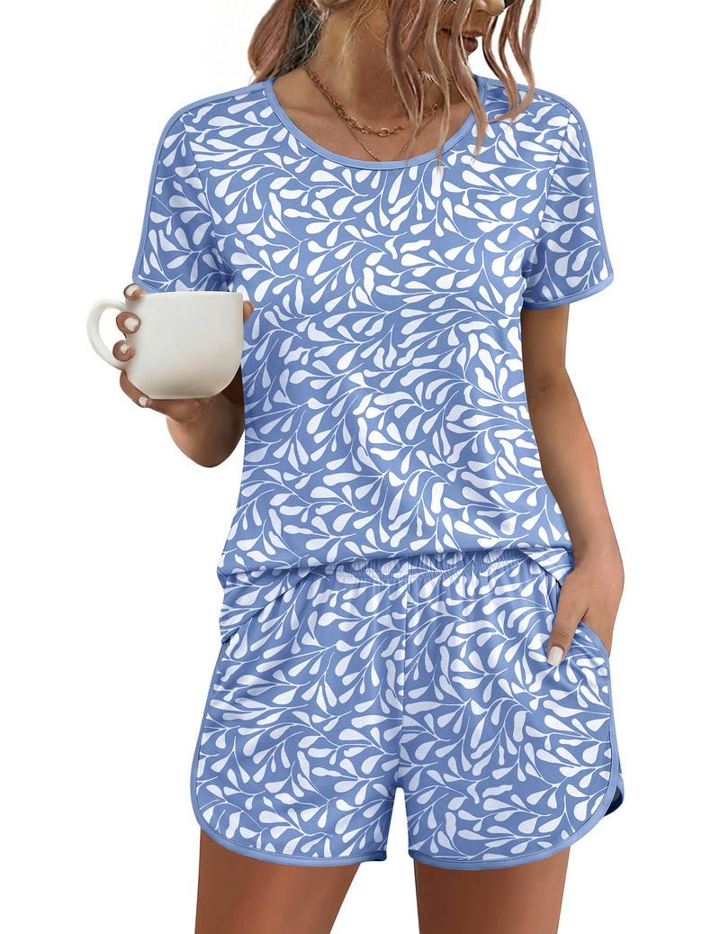 Blue leaf print short-sleeve pajama set, scoop neck top and matching drawstring shorts