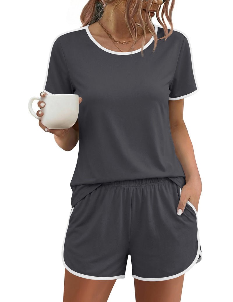 Dark gray short-sleeve pajama set with white-trim crew neck and elastic-waist drawstring shorts