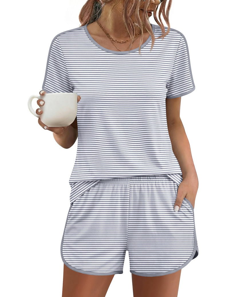 Grey striped short-sleeve pajama set, crew neck T-shirt and drawstring shorts