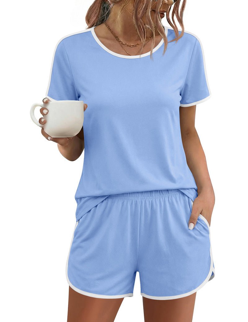 Light blue short-sleeve pajama set with white-trim crew neck and matching drawstring shorts