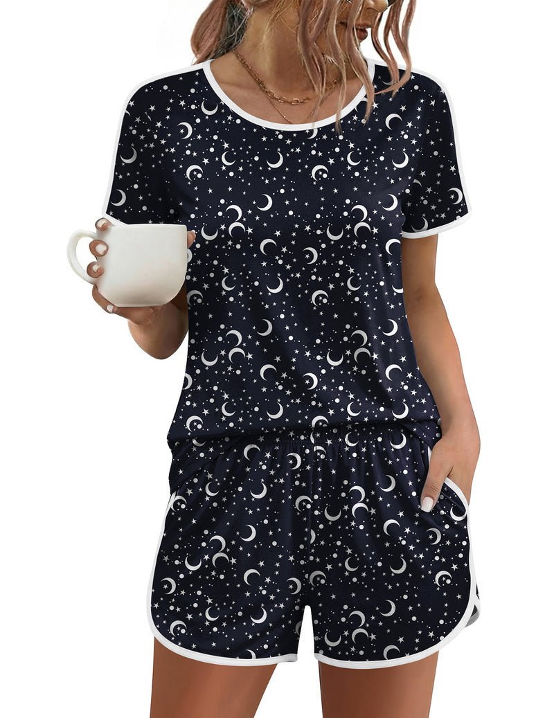 Navy star-and-moon printed short-sleeve pajama set with matching drawstring shorts, 2-piece