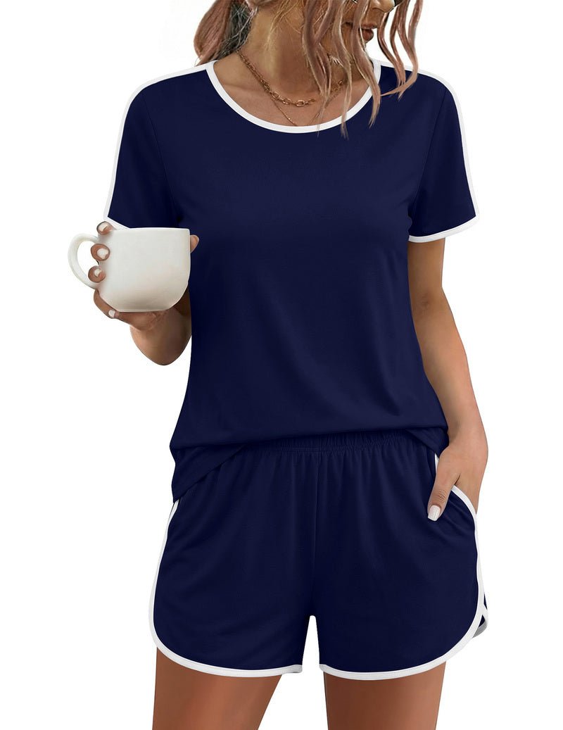 Navy short-sleeve pajama set, crew neck T-shirt and drawstring shorts with trim