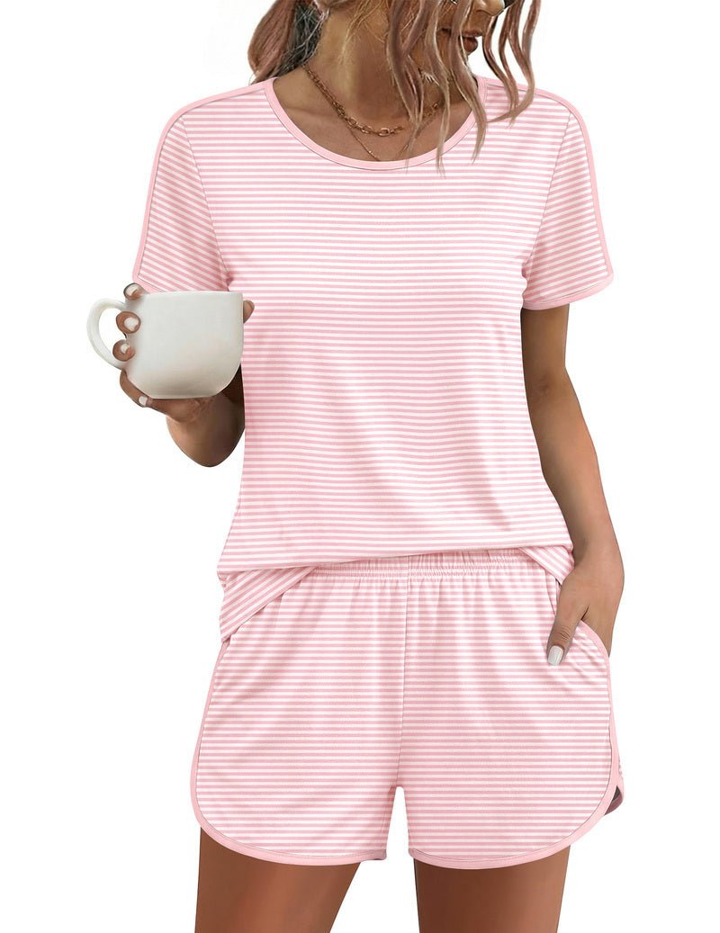 Pink striped short-sleeve pajama set, crew neck top and matching drawstring shorts
