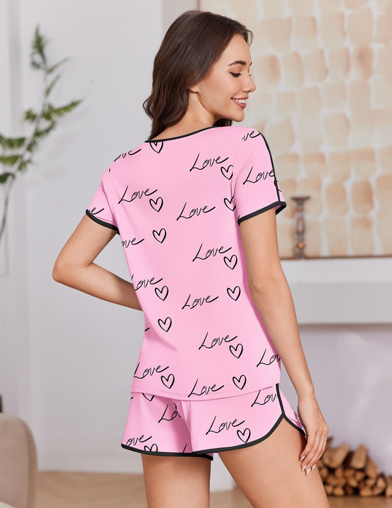 Pink “Love” heart print short-sleeve pajama top and matching shorts with black trim