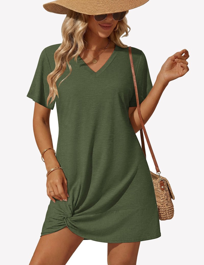 Army green V-neck twisted cover-up dress with short sleeves and knotted hem