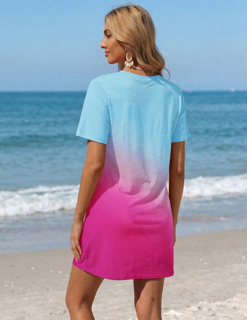 Hellblau zu Pink ombre Kurzarm Swimsuit Cover-Up Dress, hinten schlicht
