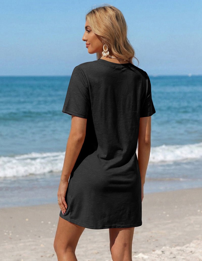 Schwarzes Kurzarm Swimsuit Cover-Up Dress mit V-Ausschnitt, hinten glatt