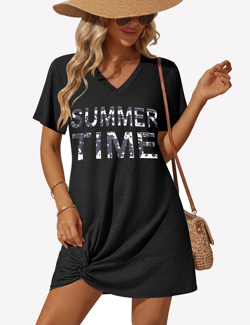 Twisted short-sleeve cover-up dress in black with “SUMMER TIME” front knot hem