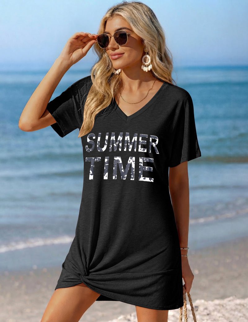 Black V-neck twisted cover-up dress with “SUMMER TIME” graphic, short sleeves