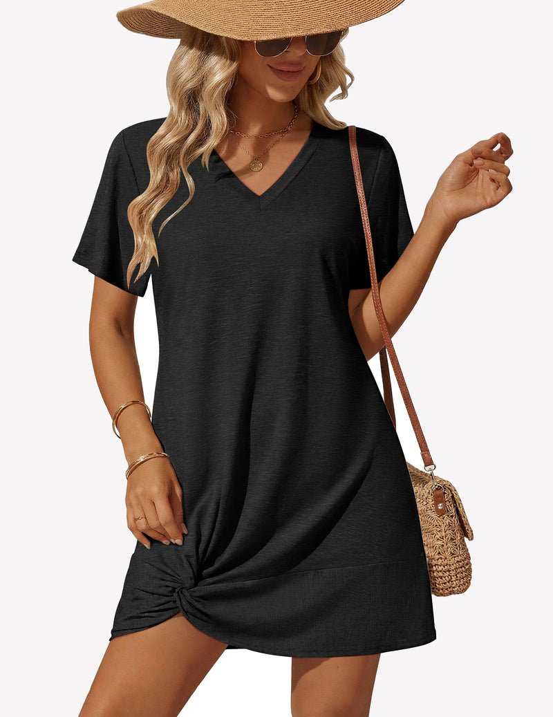 Black V-neck twisted cover-up dress, short sleeves, draped knot detail at hem