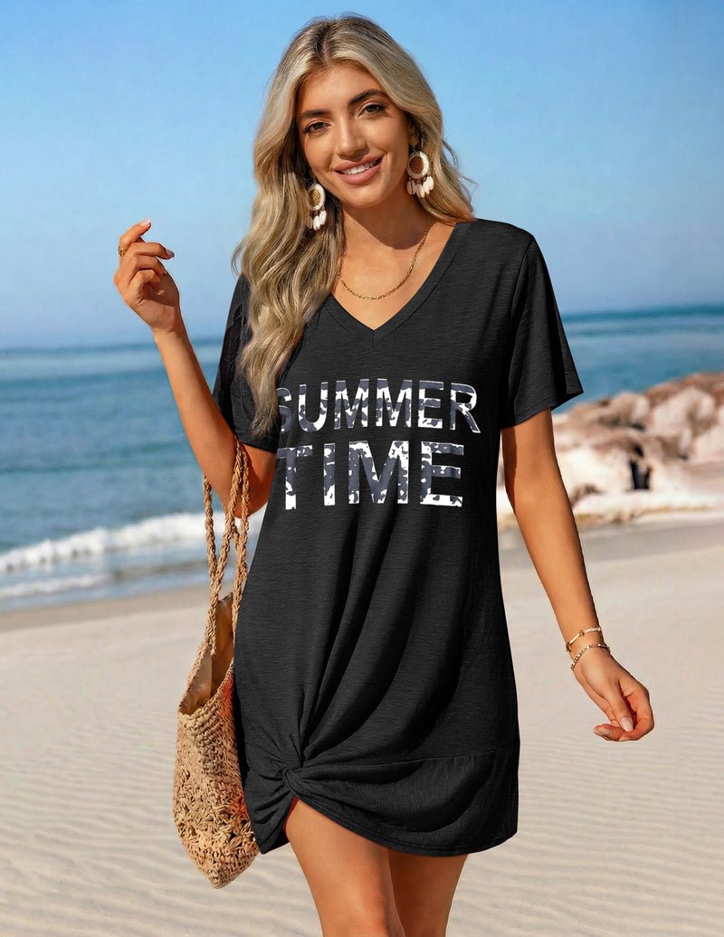 Twisted short-sleeve swimsuit cover-up dress, black V-neck with “SUMMER TIME” print