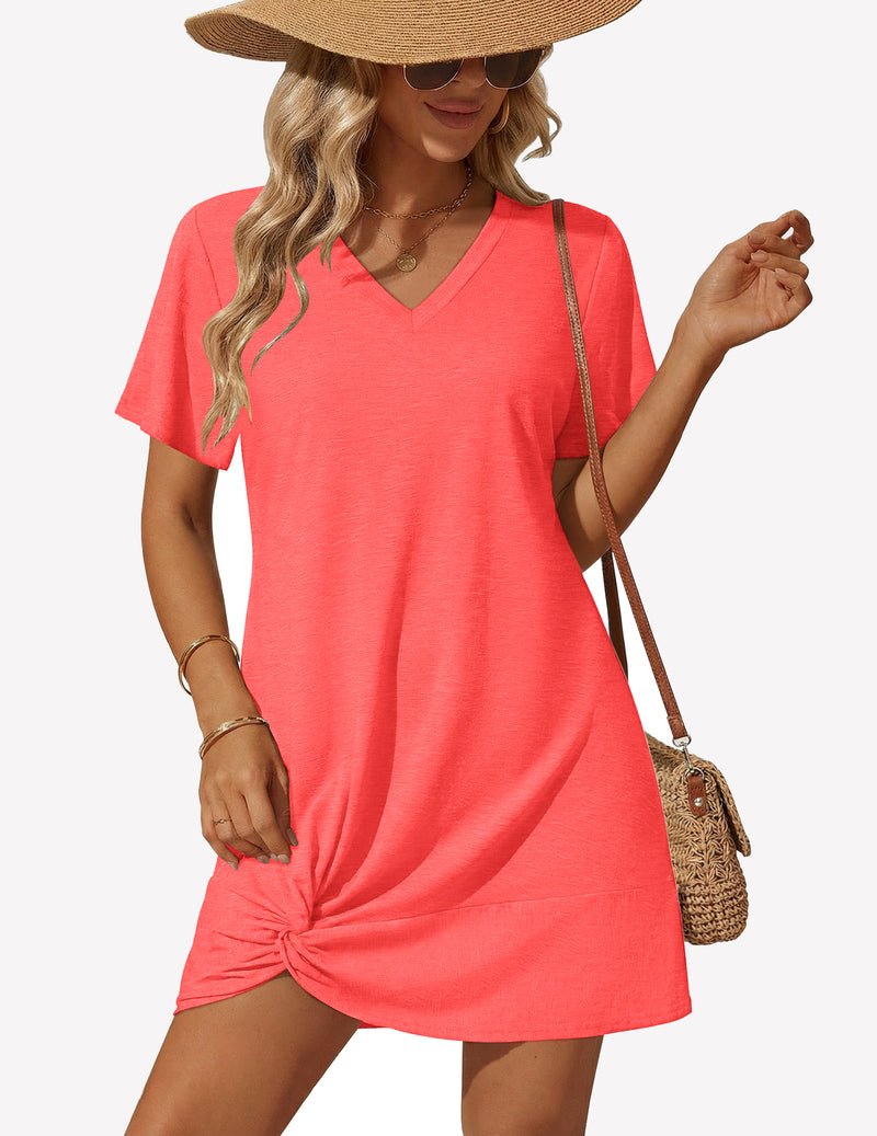 Coral orange twisted front V-neck short sleeve swimsuit cover-up dress