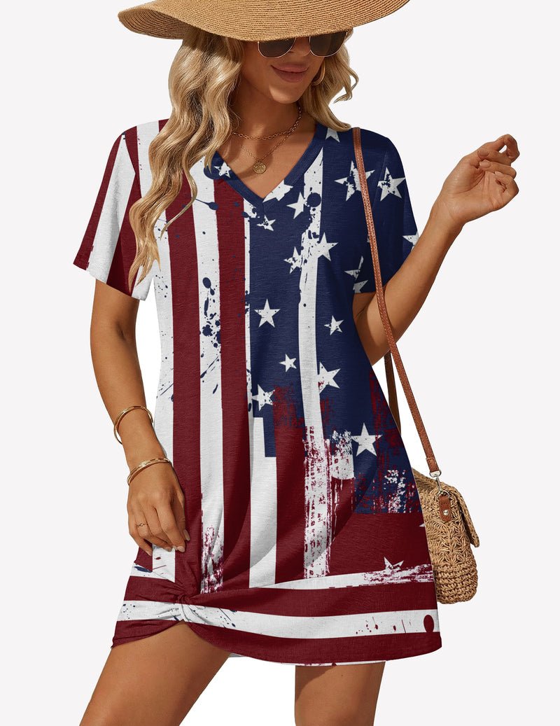 Patriotic flag print twisted cover-up dress with V-neck, short sleeves and knot hem