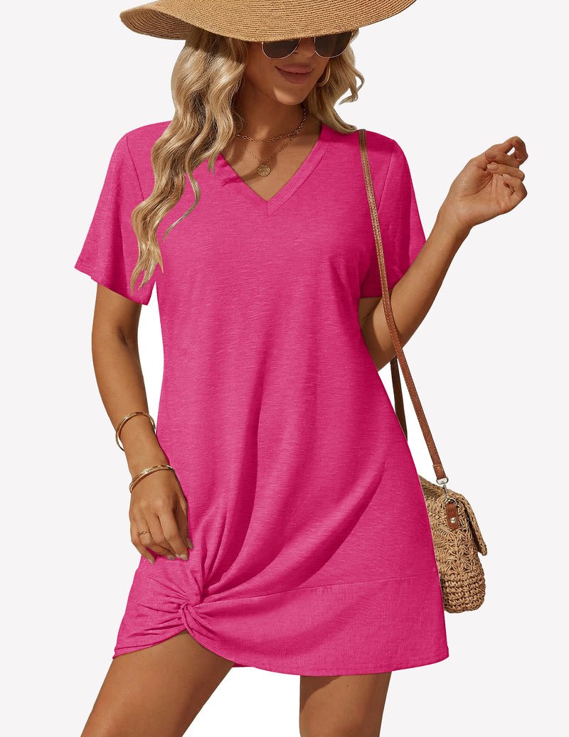 Hot pink V-neck twisted cover-up dress with short sleeves and side knot hem