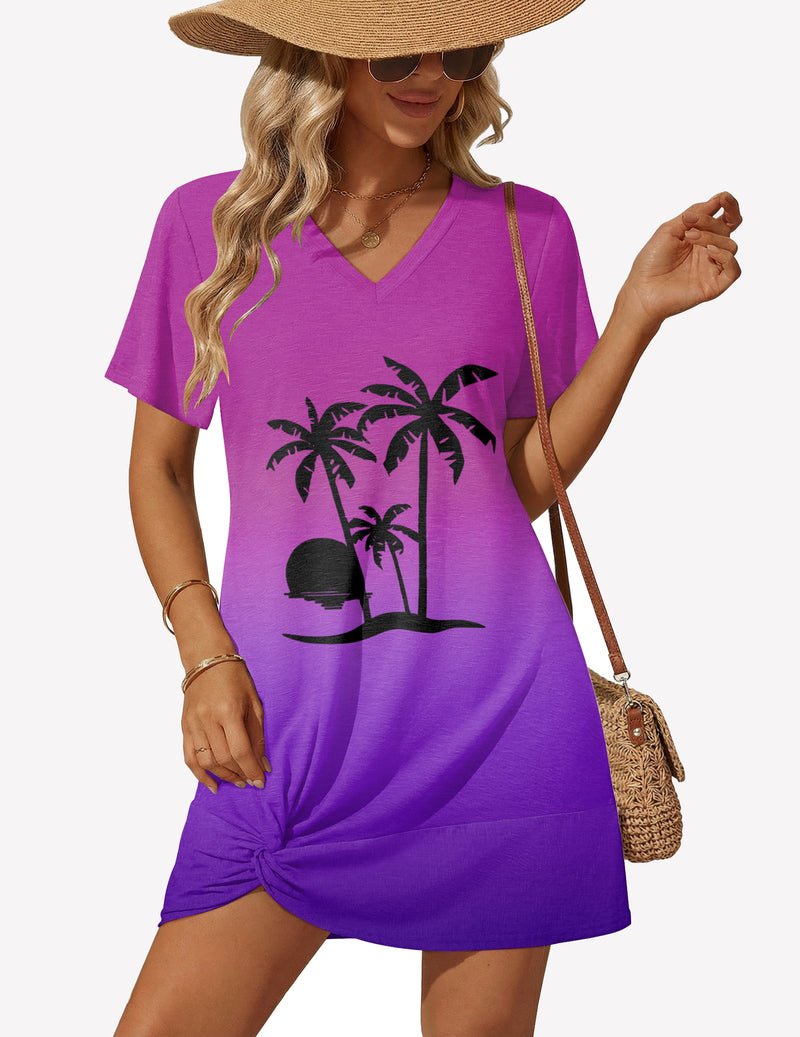 Purple V-neck twisted cover-up dress with palm tree graphic, short sleeves