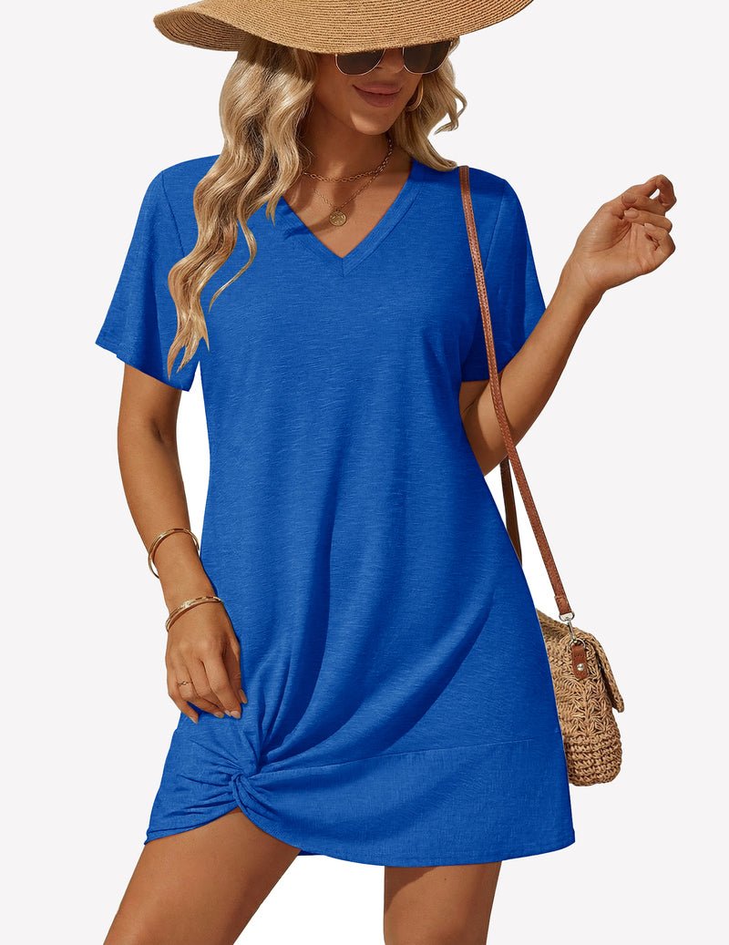 Kobaltblau V-Ausschnitt Kurzarm Twisted Swimsuit Cover-Up Dress mit Knoten vorne