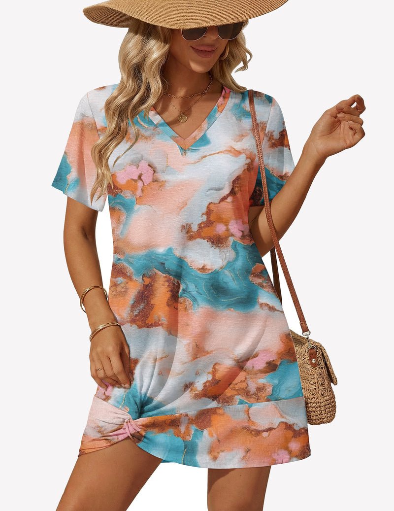 Buntes Watercolor-Design V-Ausschnitt Kurzarm Twisted-Swimsuit-Cover-Up