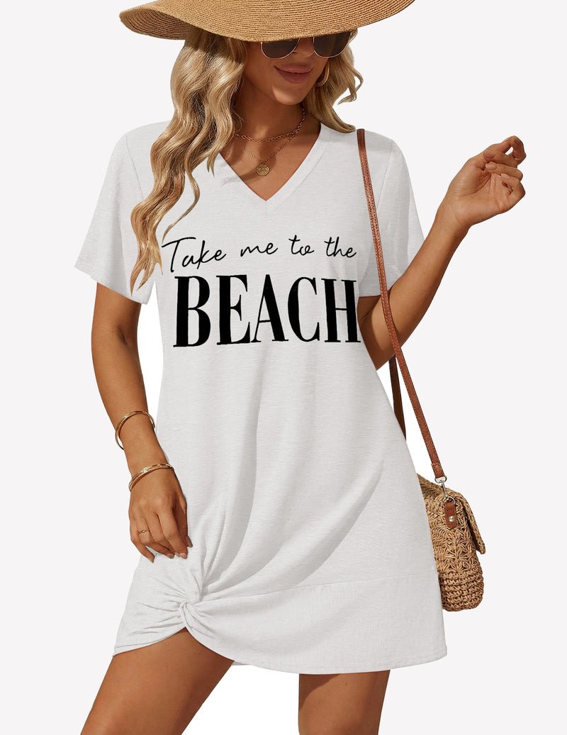 White twisted cover-up dress with V-neck and beach text graphic, short sleeves