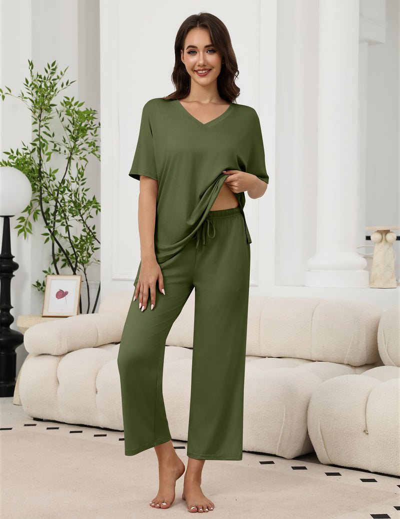 2-teiliges Set: V-Ausschnitt Shirt & lange Hose, armeegrün