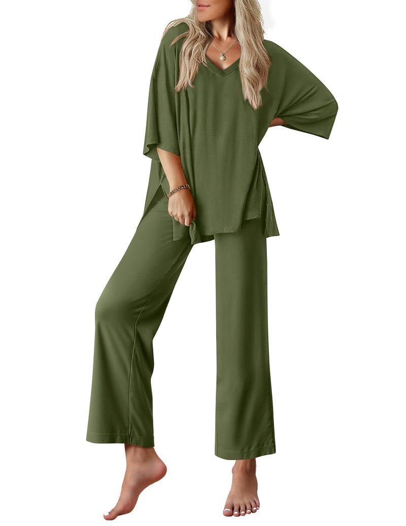 2-teiliges Set: V-Ausschnitt Oversized T-Shirt & lange Hose, armeegrün
