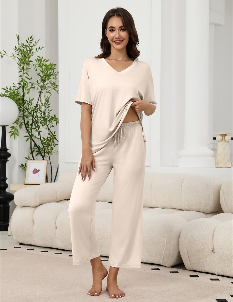 Zweiteiliges Schlafset: Kurzarm-Top mit V-Ausschnitt und lange Hose, cremebeige